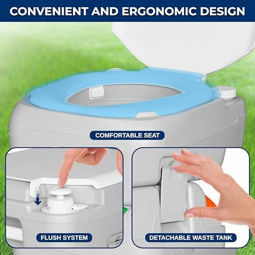 Portable toilet with comfortable seat, flush system, and detachable waste tank.