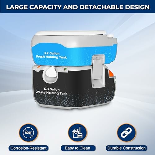 Portable toilet with large capacity and detachable design.