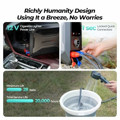 Features of a portable water pump with cigarette lighter power, quick connectors, and long service life.