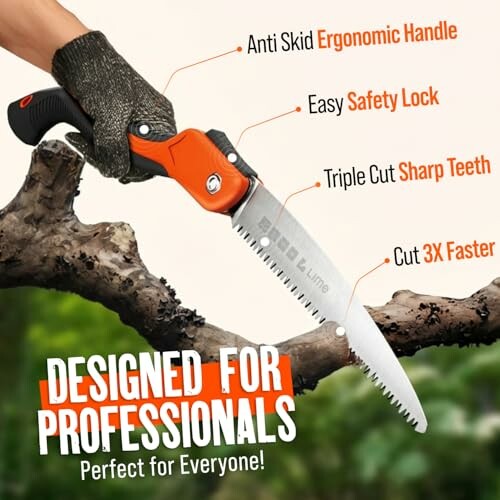 Hand holding a folding saw cutting a branch with features labeled: ergonomic handle, safety lock, sharp teeth, cuts 3x faster.