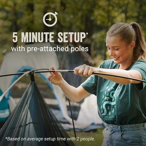 Person setting up a tent with pre-attached poles in a forested area.