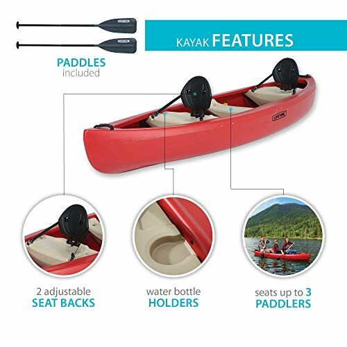 Red kayak with paddles and features like adjustable seat backs, water bottle holders, and seating for three, showcasing its family-friendly design.