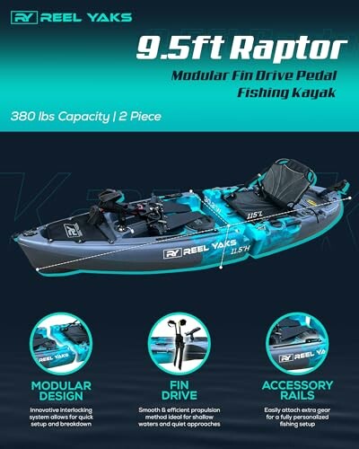 Reel Yaks 9.5ft Raptor modular fin drive pedal fishing kayak with features highlighted.