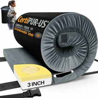 Rolled memory foam mattress with carry bag and straps.