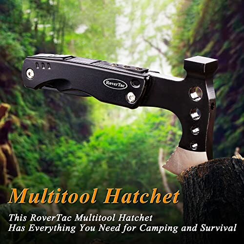RoverTac multitool hatchet on a tree stump.