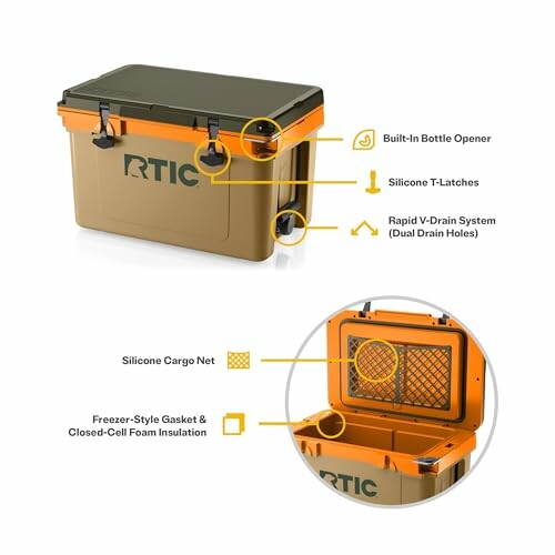 Rtic cooler with features like bottle opener, silicone T-latches, V-drain system, cargo net, and foam insulation.