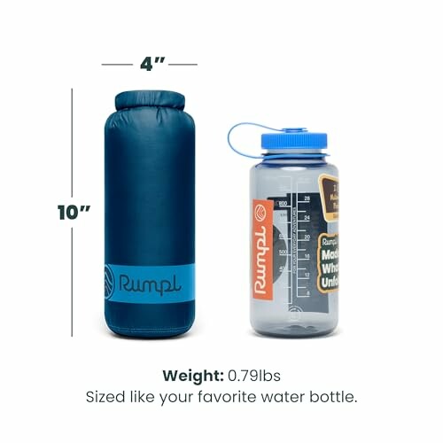 Compact Rumpl blanket next to a water bottle for size comparison.