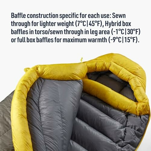 Sleeping bag with different baffle constructions for varying warmth levels, perfect for different weather conditions.