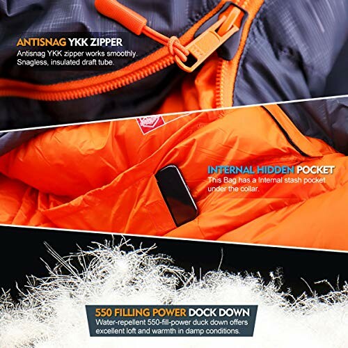 Features of a sleeping bag including antisnag YKK zipper, internal hidden pocket, and 550 filling power duck down.