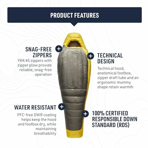 Sleeping bag with product features: snag-free zippers, technical design, water resistant, RDS certified.