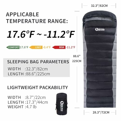 Sleeping bag with temperature range and dimensions.