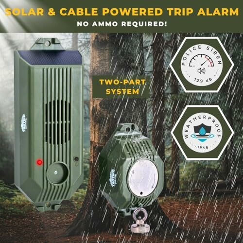 Solar and cable powered trip alarm with no ammo required, featuring police siren and weatherproof design.