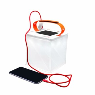 Solar lantern with phone charging via USB cable.