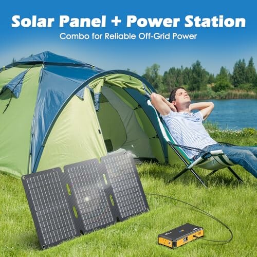 Man relaxing by a tent with solar panels and power station, demonstrating the convenience of portable energy.