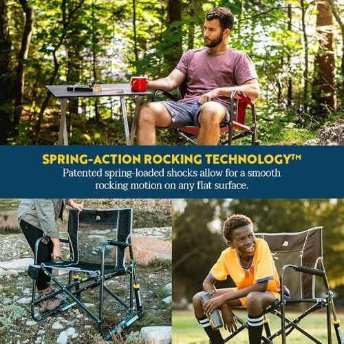 Man sitting on a spring-action rocking chair in nature, with emphasis on patented spring-loaded shocks.