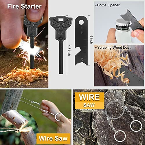 Survival keychain tools including fire starter, bottle opener, scraper, and wire saw.