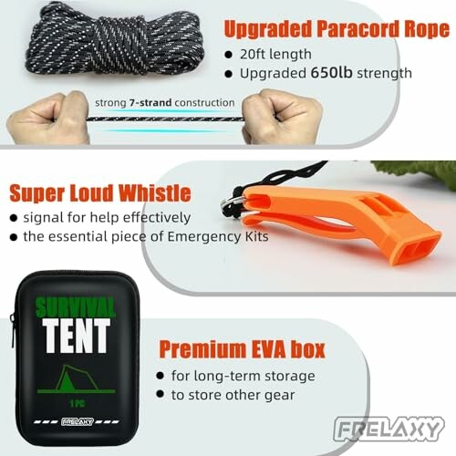 Survival kit items including paracord rope, loud whistle, and EVA storage box.