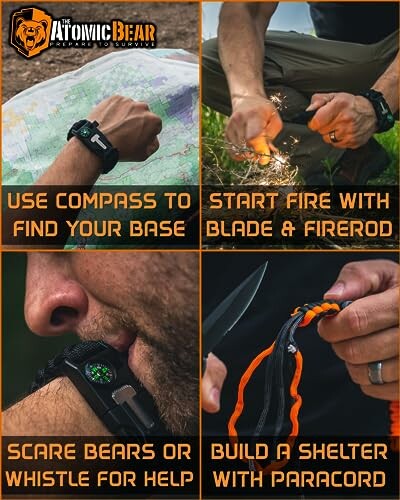 Survival tools: compass, blade, firerod, whistle, paracord.