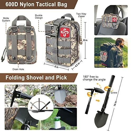 600D nylon tactical bag with folding shovel and pick, featuring MOLLE system, buckle system, two-way zipper, and adjustable handle.