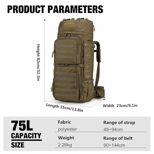 Specifications of a 75L tactical backpack in brown, showing dimensions and features.