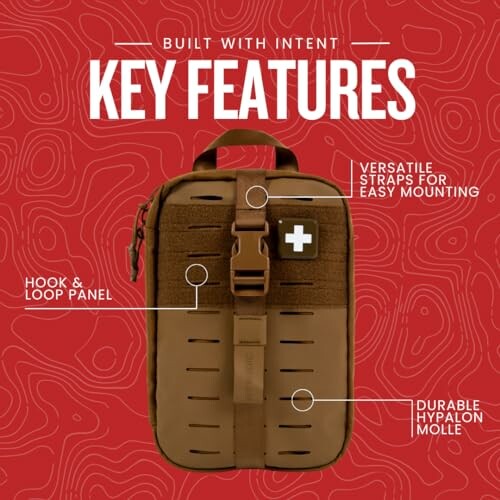 Tactical first aid kit with key features highlighted including versatile straps, hook and loop panel, and durable hypalon MOLLE.