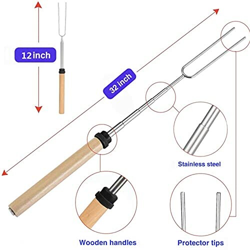 Telescopic marshmallow roasting fork with wooden handle and stainless steel prongs.