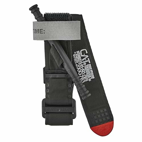 Black tourniquet with red tip and time label.