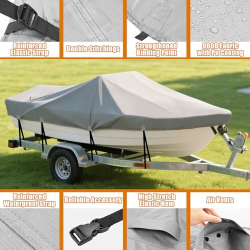 Boat with cover on trailer highlighting features like reinforced strap, double stitching, and waterproof fabric.