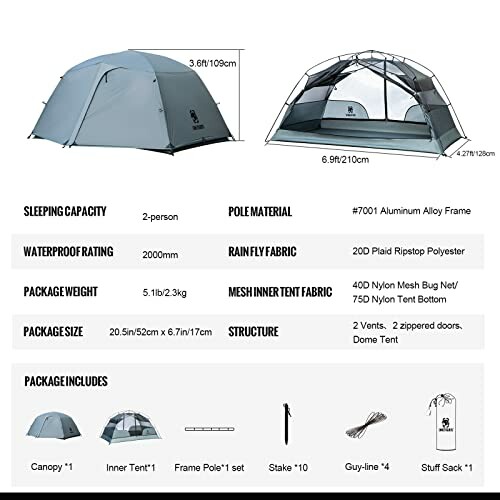 Specifications and features of a two-person camping tent