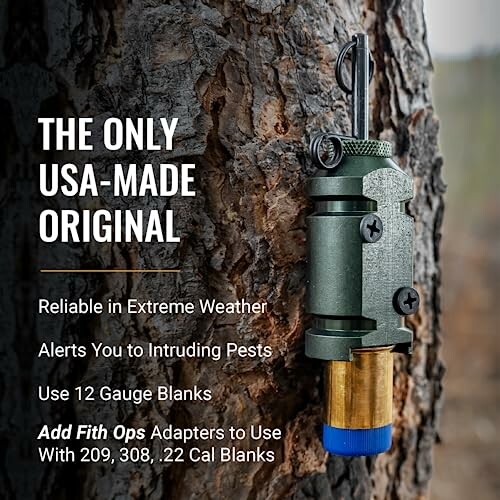 USA-made pest alarm device attached to tree, reliable in extreme weather.