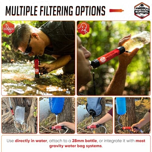 Various methods of using a portable water filter outdoors.