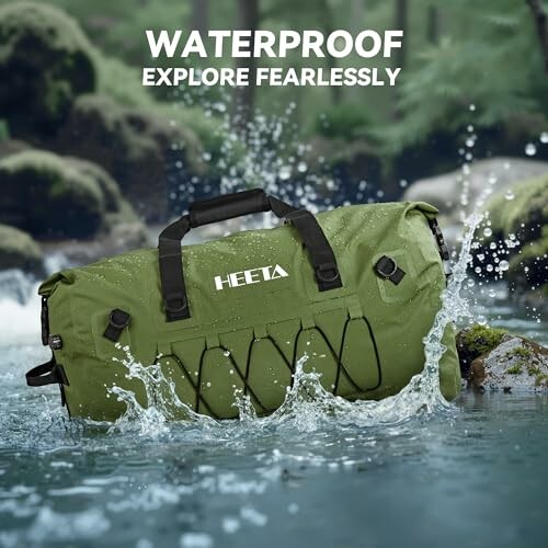 Waterproof duffel bag in river.