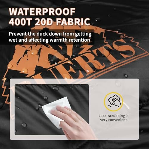 Waterproof 400T 20D fabric with water droplets and hand wiping.