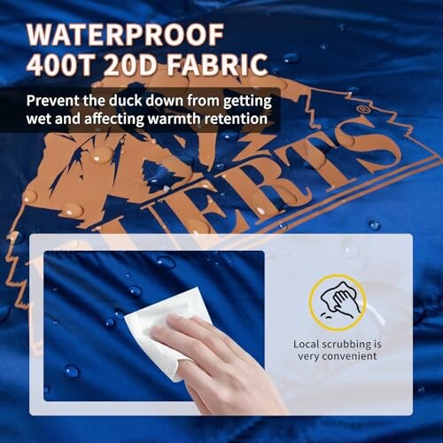 Waterproof 400T 20D fabric with duck down protection and easy scrubbing.