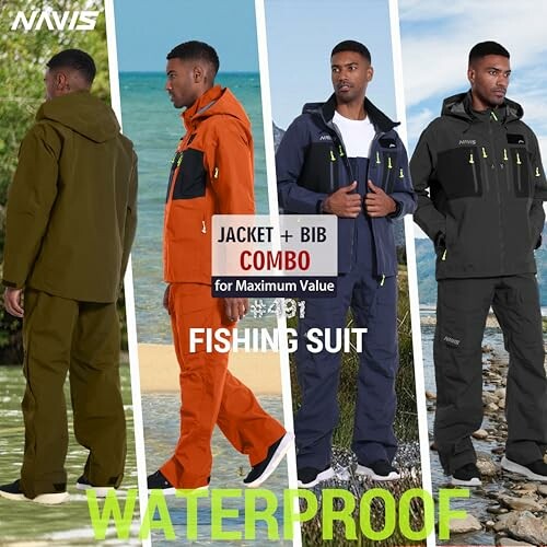 Four men wearing different colored waterproof fishing suits.