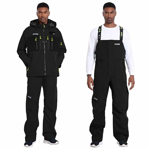 Man wearing waterproof sailing jacket and bib pants.