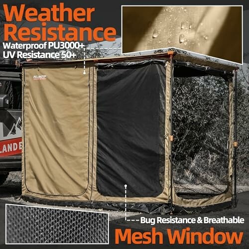 Weather-resistant tent with mesh window and waterproof fabric.