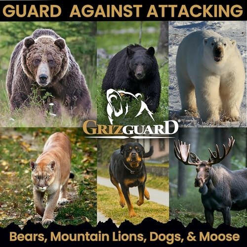 Collage of wild animals: grizzly bear, black bear, polar bear, mountain lion, rottweiler, moose with text 'Guard Against Attacking Bears, Mountain Lions, Dogs, & Moose'.