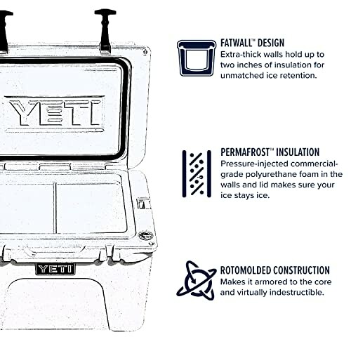 YETI cooler with features: FatWall design, PermaFrost insulation, Rotomolded construction.